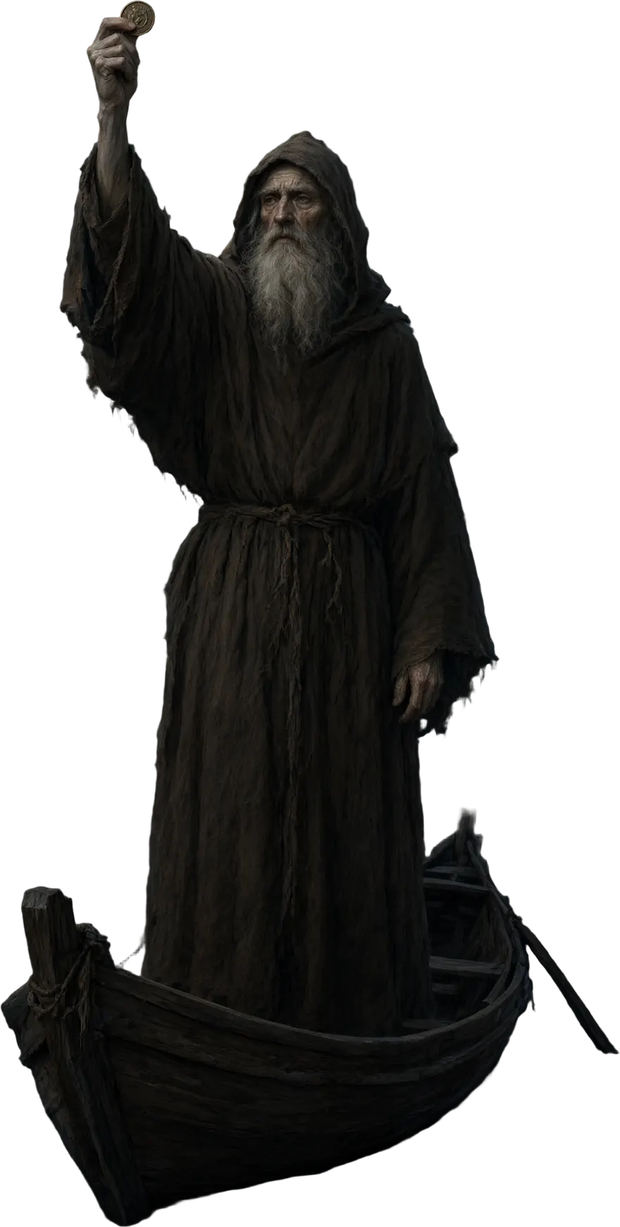 The ferryman stands in his boat and holds the coin up