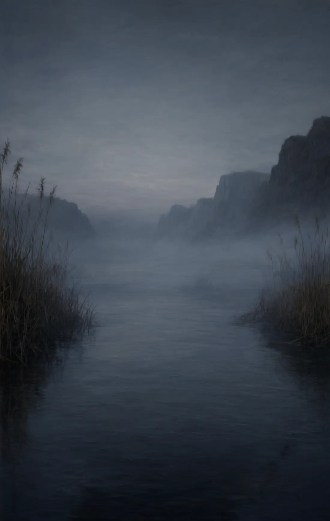 A still black river at dawn, reeds and cliffs in the fog