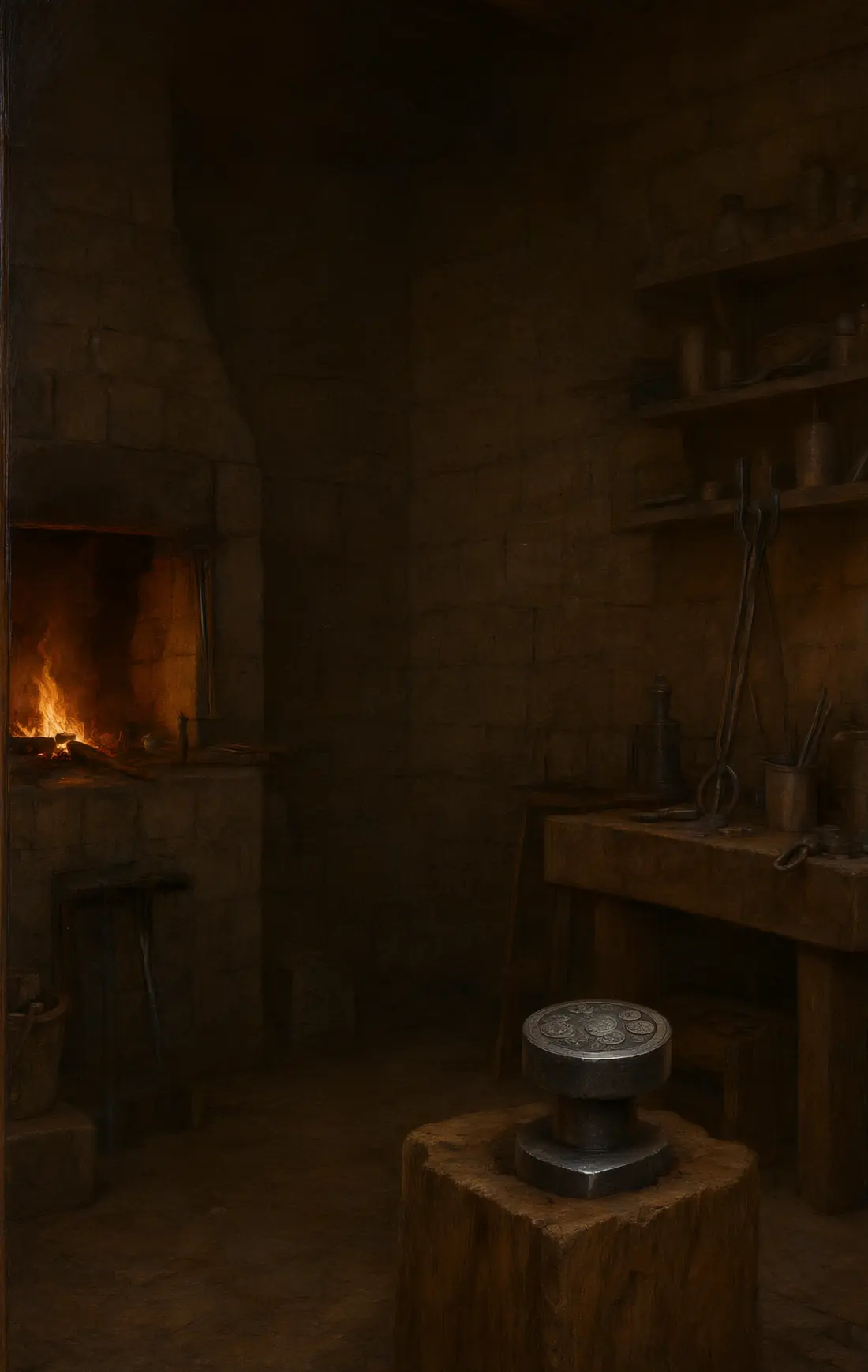 The mint workshop, a forge glowing in the dark